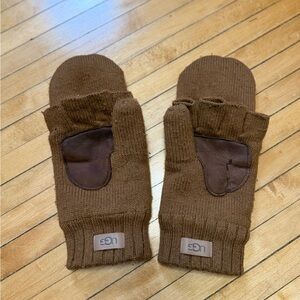 UGG Knit Flip Chestnut Convertible Fingerless Mittens w/ Leather Patch Sz. L/XL